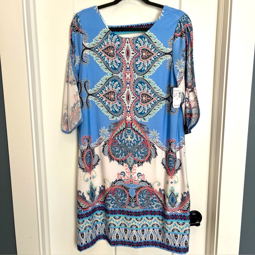 ROZ & ALI Dress Barn‎ Knee Length Dress Size 10 Print Stretch 3/4 Split Sleeves